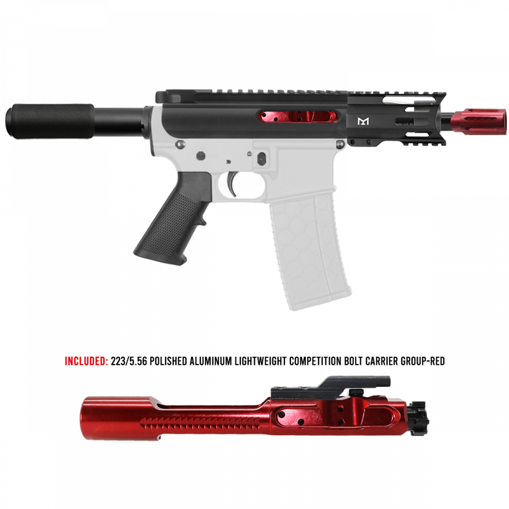 AR-15 5.56 NATO 5'' PISTOL KIT - FORGED UPPER WITH 4'' M LOK HANDGUARD- SLICK SLIDE-INCLUDEG RED BCG